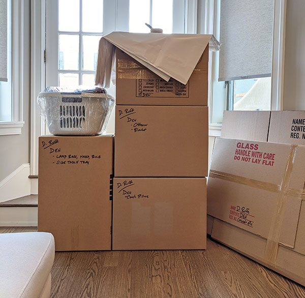 Boxes are properly packed, taped and labelled for the next upcoming local move in the Philly area