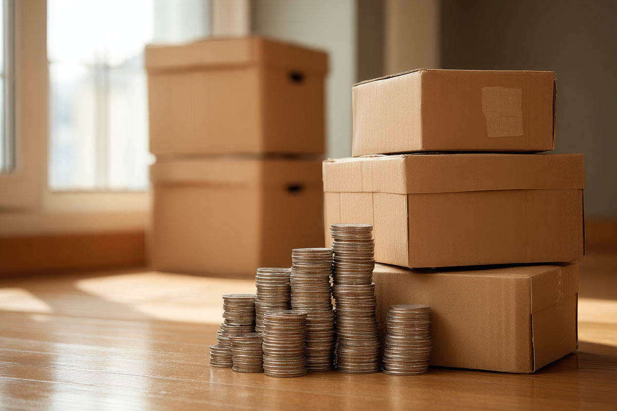 Stacks of coins in front of stacks of moving boxes